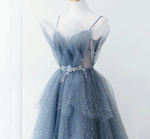Blue Gorgeous Shiny Elegant Applique Long Tulle Ball Gowns Prom Gowns Graduation Dresses