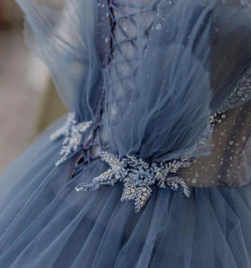 Blue Gorgeous Shiny Elegant Applique Long Tulle Ball Gowns Prom Gowns Graduation Dresses