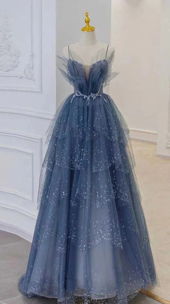 Blue Gorgeous Shiny Elegant Applique Long Tulle Ball Gowns Prom Gowns Graduation Dresses Main image