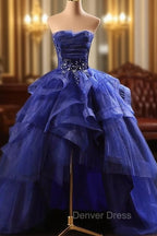 Blue Prom Dresses Ruffles Tiered Crystal Beaded Top FormalParty Dresses, High Low Prom Dresses