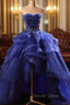 Blue Prom Dresses Ruffles Tiered Crystal Beaded Top FormalParty Dresses, High Low Prom Dresses