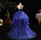 Blue Prom Dresses Ruffles Tiered Crystal Beaded Top FormalParty Dresses, High Low Prom Dresses