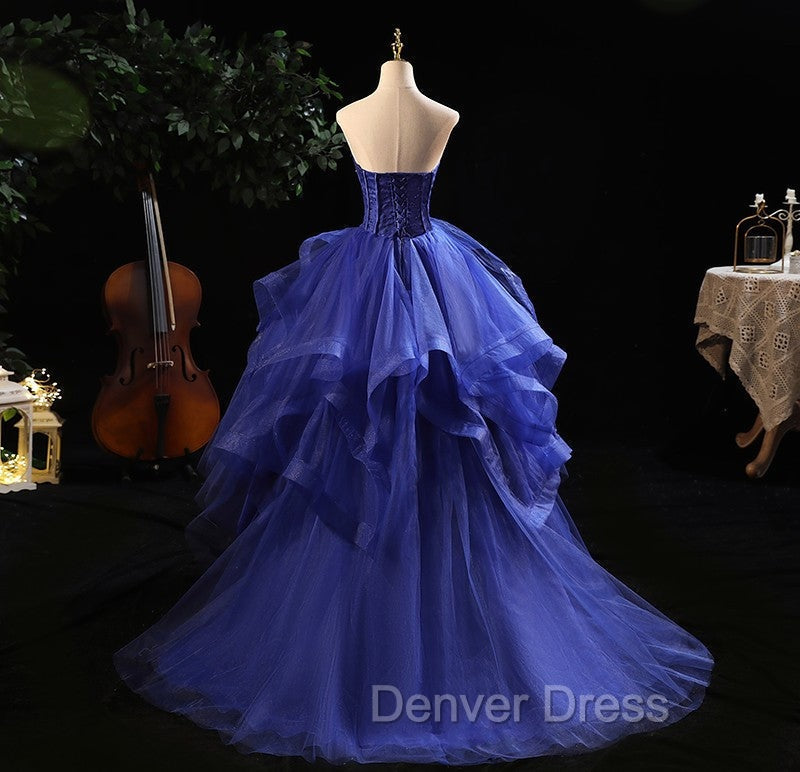 Blue Prom Dresses Ruffles Tiered Crystal Beaded Top FormalParty Dresses, High Low Prom Dresses