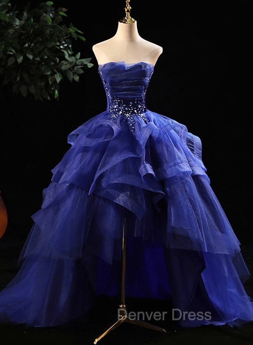 Blue Prom Dress Ruffles Tiered Crystal Beaded Top PromProm Dress, High Low Prom Dresses