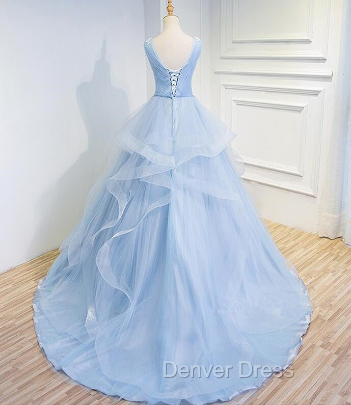 Blue Prom Dresses V-neck Ball Gown Sweep Train Party Dresses, Sweet 16 Gown Secondary image