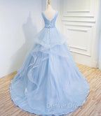 Blue Prom Dresses V-neck Ball Gown Sweep Train Party Dresses, Sweet 16 Gown
