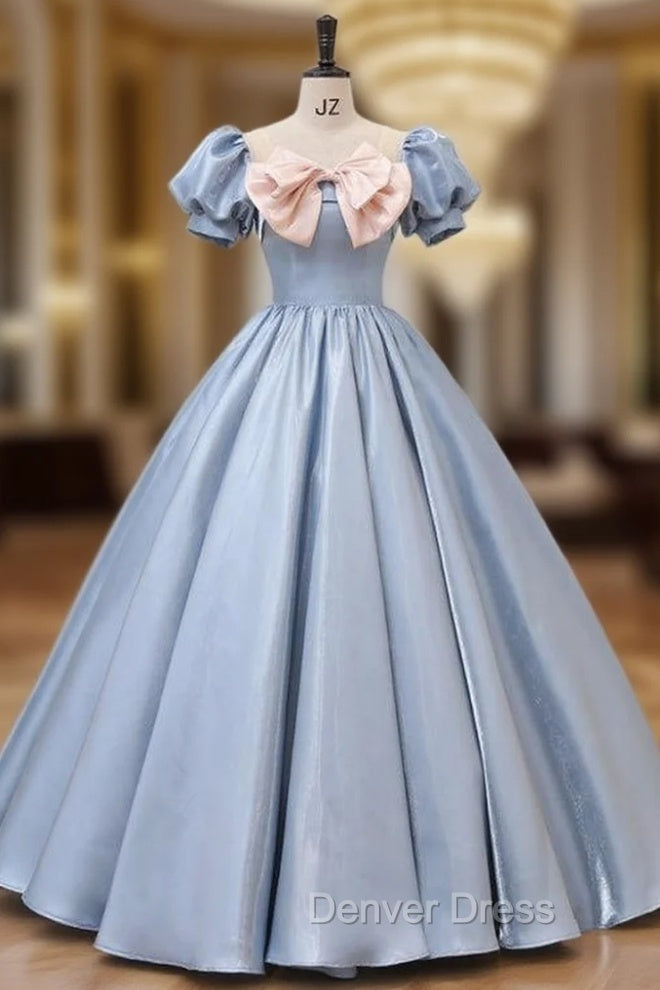 Blue Puff Sleeve Pink Bow Quinceanera Dresses Main image