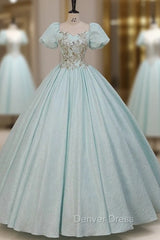 Blue Puff Sleeve Sequins Appliques Quinceanera Dresses