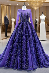 Blue Purple Tulle Beading Long Sleeve Prom Dresses