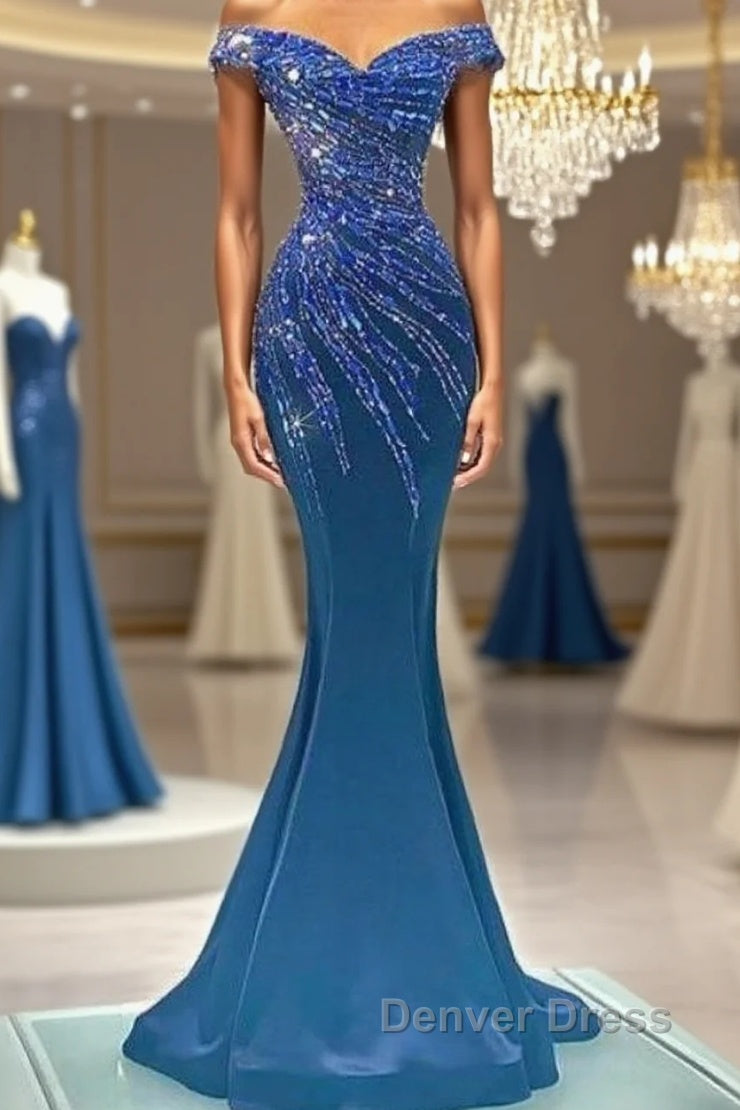 Blue Robe De Soiree Mermaid Off The Shoulder Beaded Crystals Long Prom Dresses Prom Gown Evening Dresses Main image