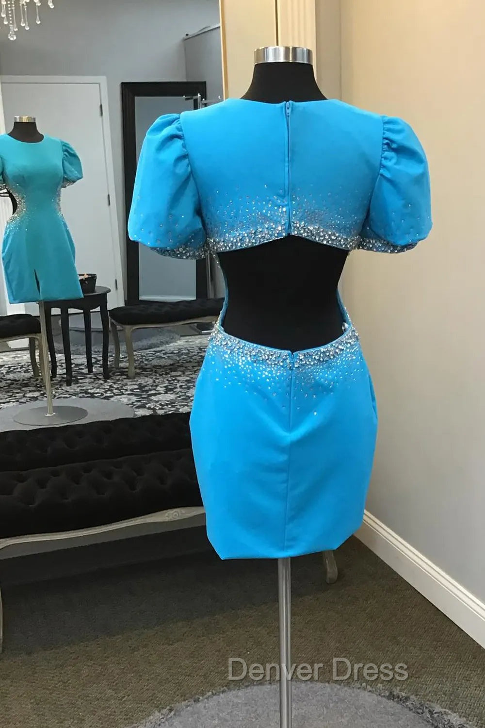 Blue Round Neck Beaded Bodycon Short Homecoming Dresses with Puff Sleeves Secondary image
