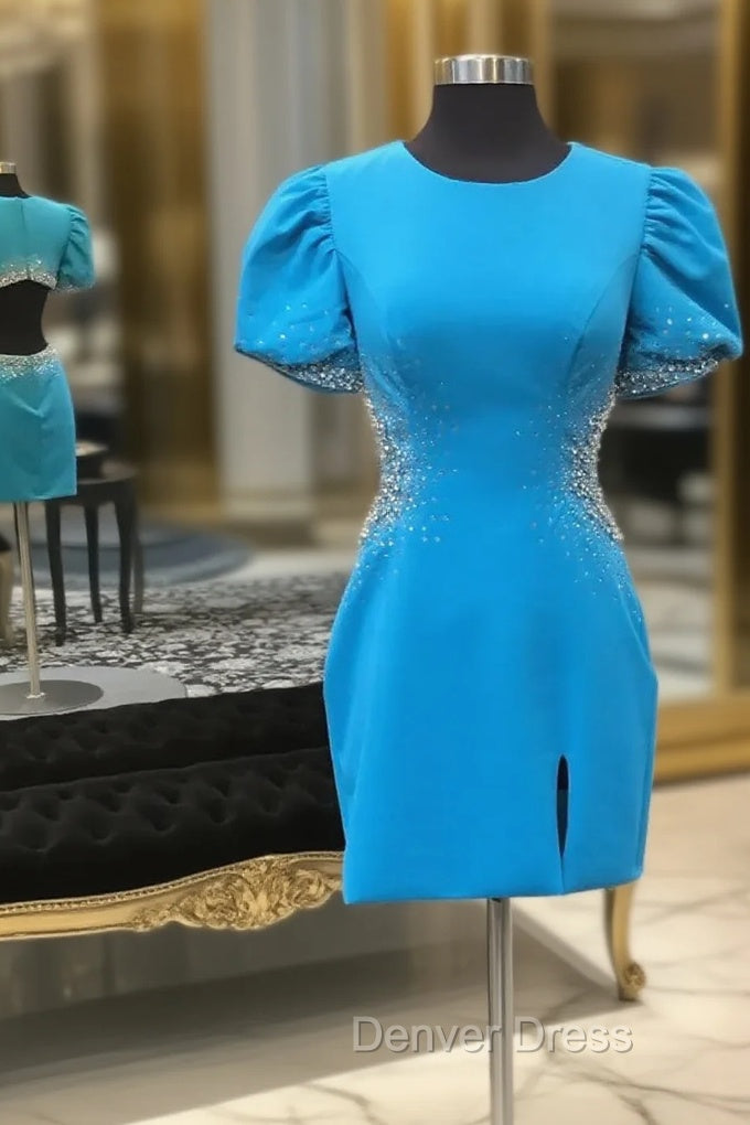 Blue Round Neck Beaded Bodycon Short Homecoming Dresses with Puff Sleeves Main image