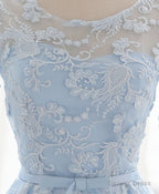 Blue Round Neck Lace Short Prom Dress, Blue Bridesmaid Dress, Homecoming Dress