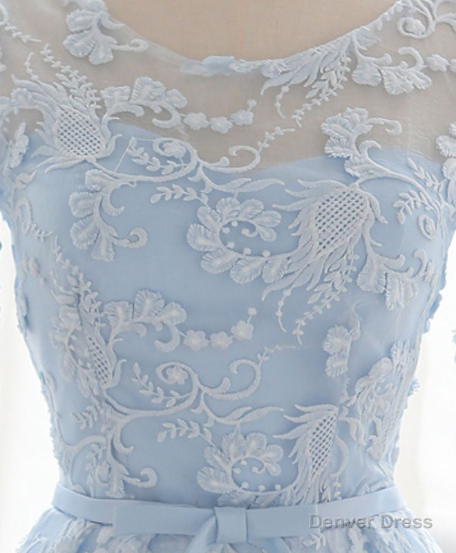 Blue Round Neck Lace Short Prom Dress, Blue Bridesmaid Dress, Homecoming Dress