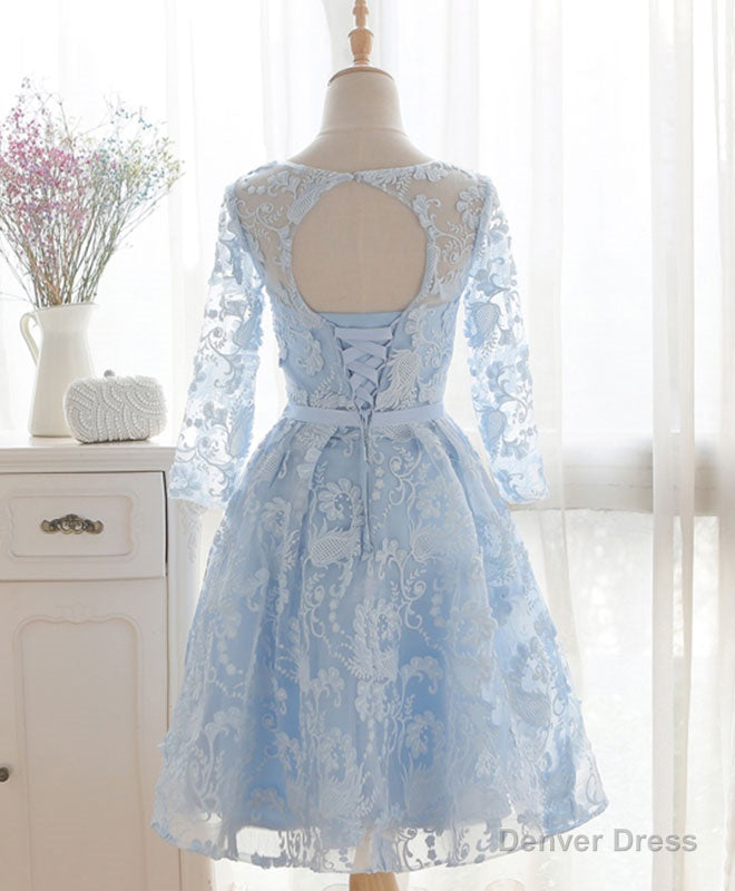 Blue Round Neck Lace Short Prom Dress, Blue Bridesmaid Dress, Homecoming Dress