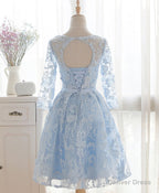 Blue Round Neck Lace Short Prom Dress, Blue Bridesmaid Dress, Homecoming Dresses
