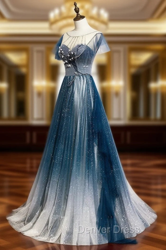 Blue Round Neck Tulle Beads Long Prom Dresses, Blue Evening Dresses Main image