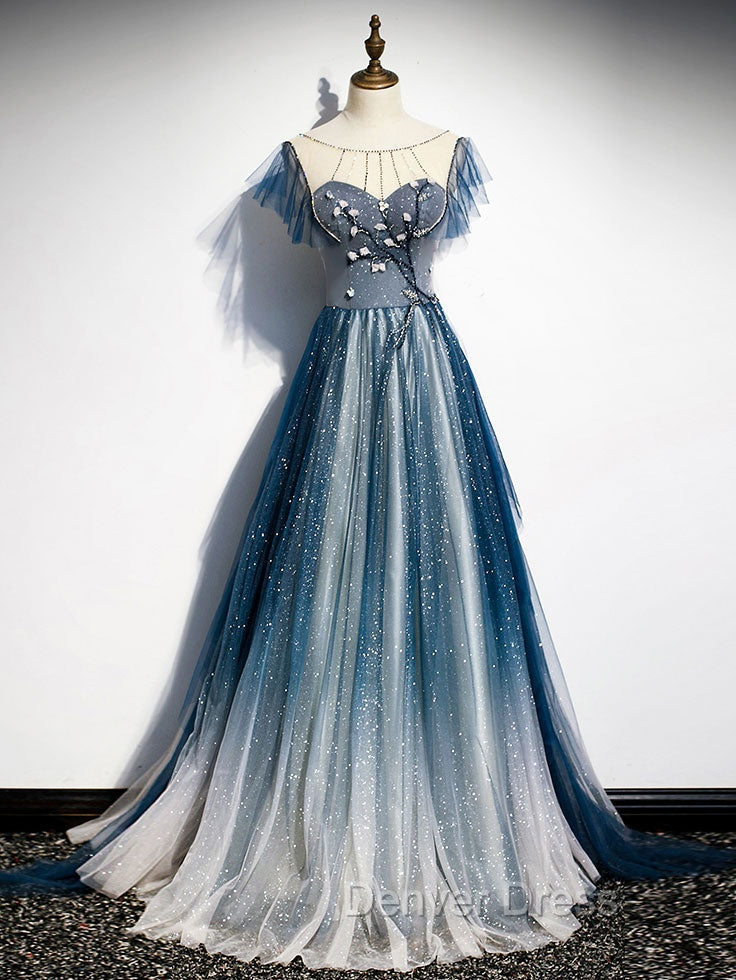 Blue Round Neck Tulle Beads Long Prom Dresses, Blue Evening Dresses Secondary image
