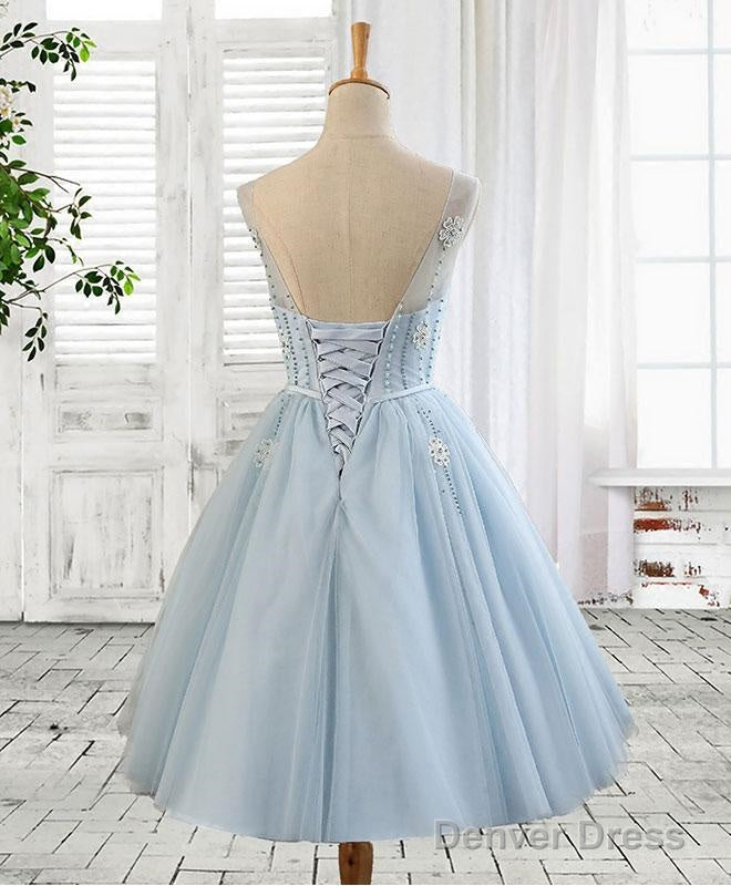 Blue Round Neck Tulle Beads Tulle Short Prom Dress, Blue Homecoming Dresses Secondary image