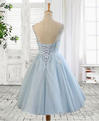 Blue Round Neck Tulle Beads Tulle Short Prom Dress, Blue Homecoming Dresses