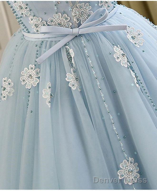 Blue Round Neck Tulle Beads Tulle Short Prom Dress, Blue Homecoming Dresses