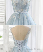 Blue Round Neck Tulle Beads Tulle Short Prom Dress, Blue Homecoming Dresses