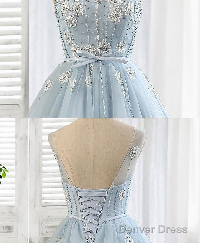 Blue Round Neck Tulle Beads Tulle Short Prom Dress, Blue Homecoming Dresses
