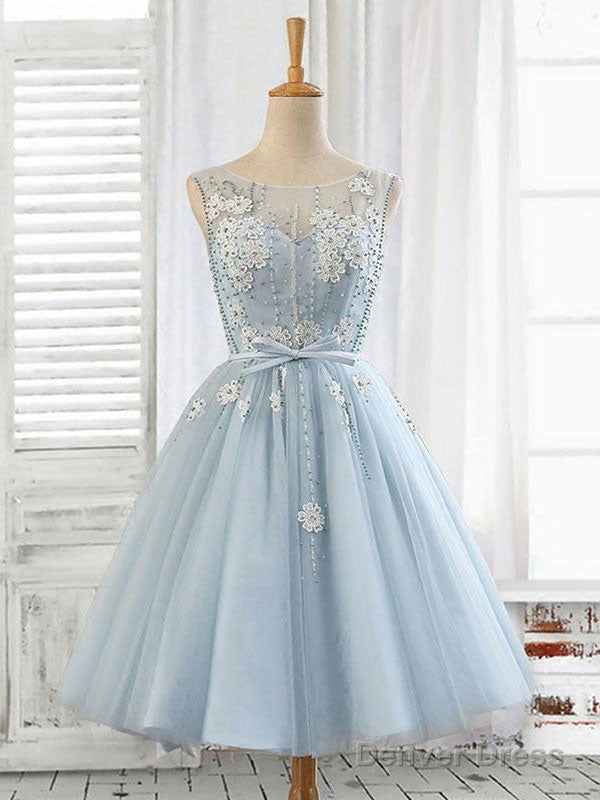 Blue Round Neck Tulle Beads Tulle Short Prom Dress, Blue Homecoming Dresses Main image