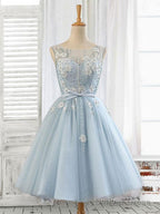 Blue Round Neck Tulle Beads Tulle Short Prom Dress, Blue Homecoming Dresses