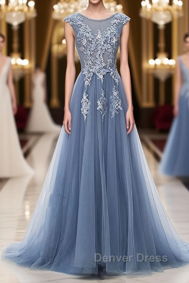 Blue round neck tulle lace applique long prom Dress, blue Prom Dresses