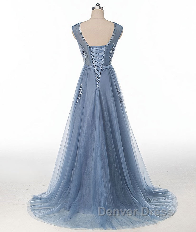 Blue round neck tulle lace applique long prom Dress, blue Prom Dresses Secondary image