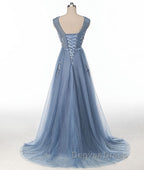 Blue round neck tulle lace applique long prom Dress, blue Prom Dresses