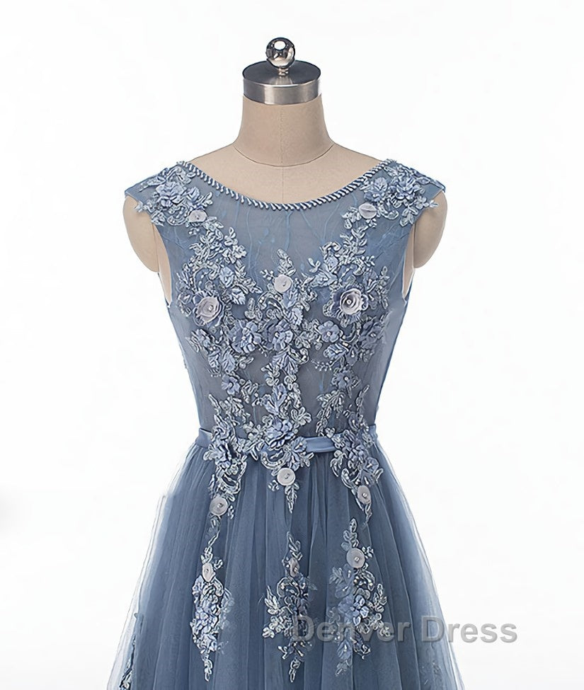 Blue round neck tulle lace applique long prom Dress, blue Prom Dresses