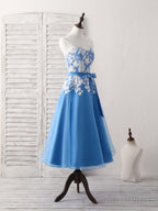 Blue Round Neck Tulle Lace Applique Tea Long Prom Dress, Bridesmaid Dresses