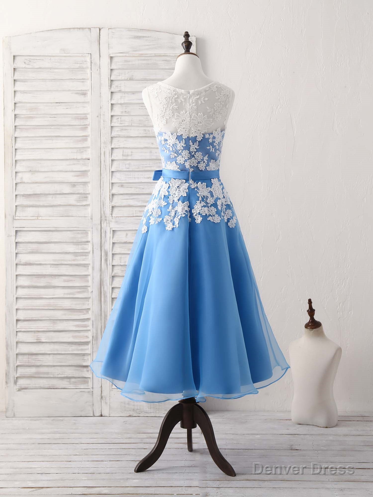 Blue Round Neck Tulle Lace Applique Tea Long Prom Dress, Bridesmaid Dresses Secondary image