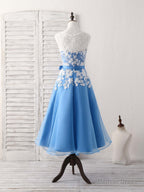 Blue Round Neck Tulle Lace Applique Tea Long Prom Dress, Bridesmaid Dresses