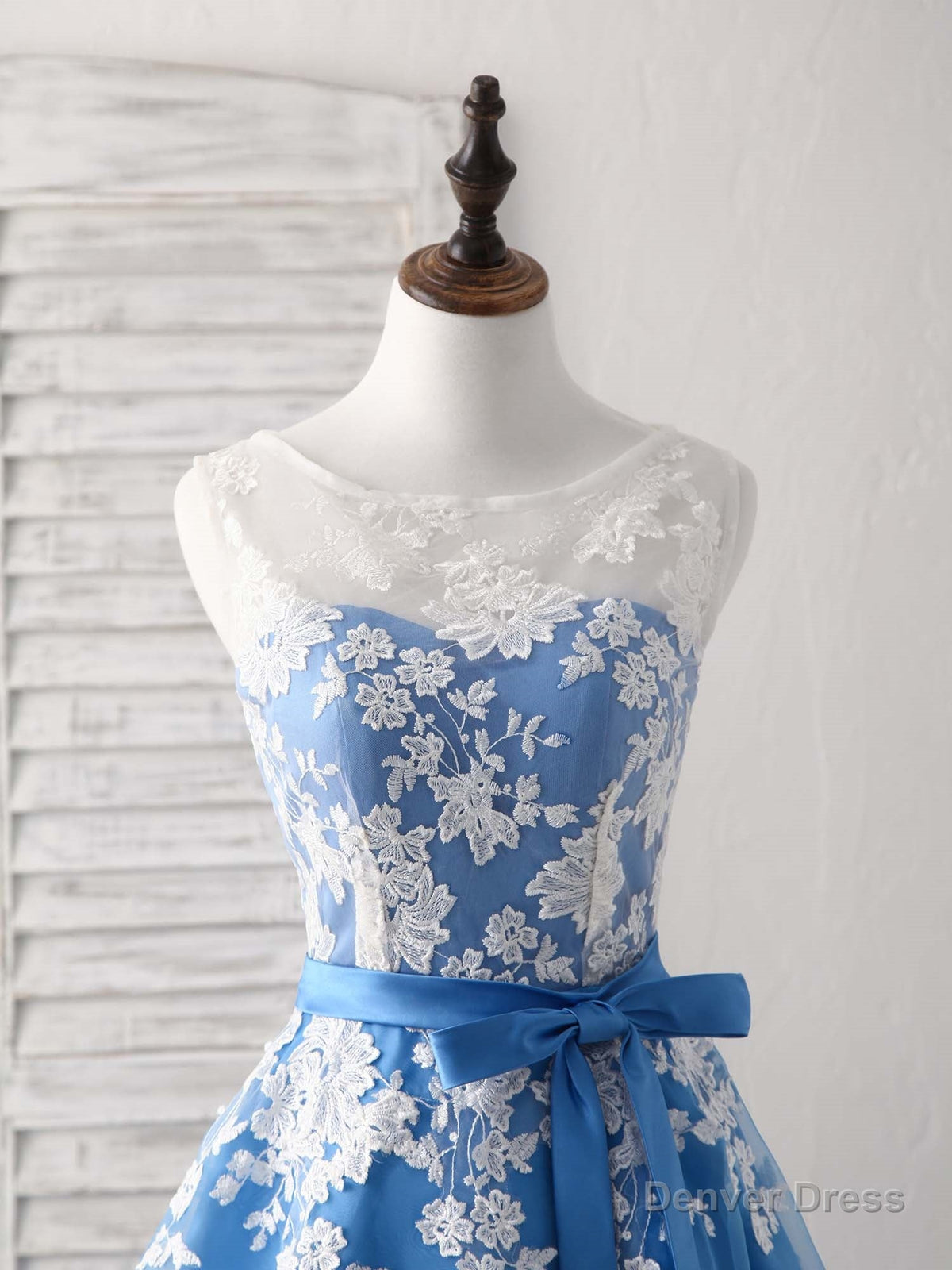 Blue Round Neck Tulle Lace Applique Tea Long Prom Dress, Bridesmaid Dresses