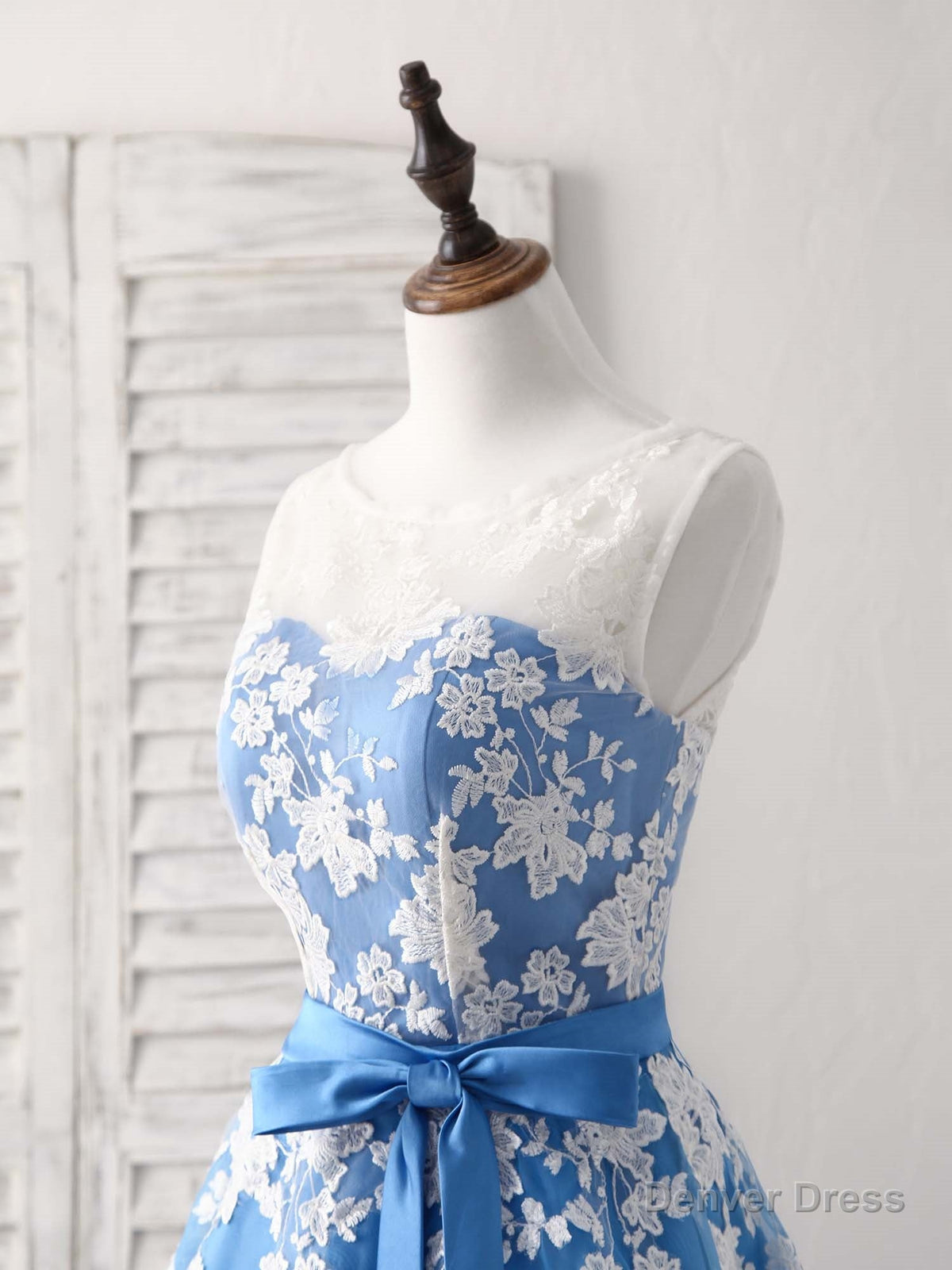 Blue Round Neck Tulle Lace Applique Tea Long Prom Dress, Bridesmaid Dresses