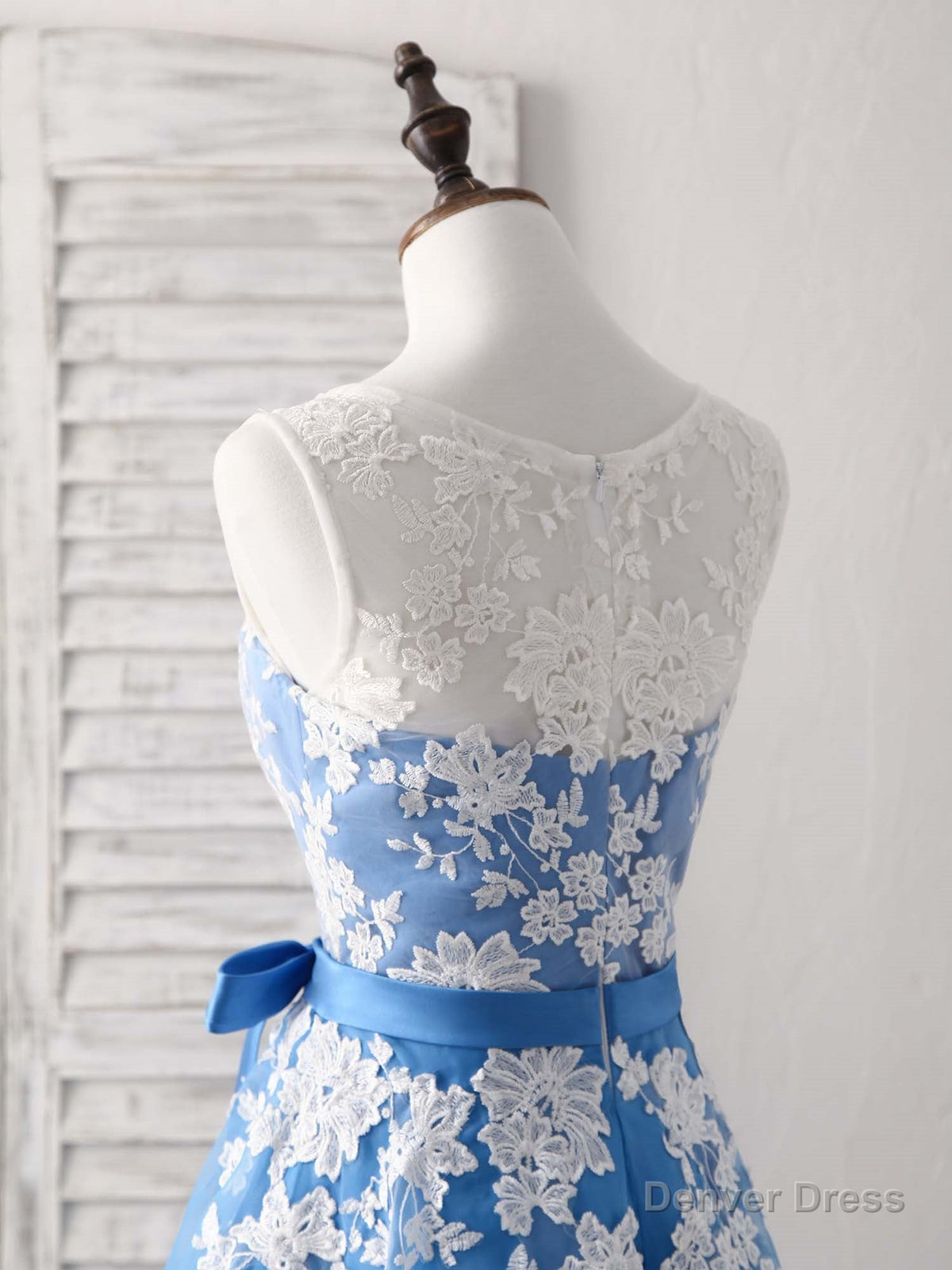 Blue Round Neck Tulle Lace Applique Tea Long Prom Dress, Bridesmaid Dresses