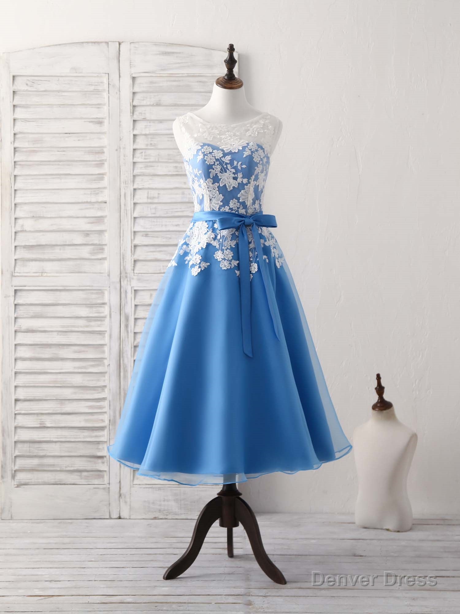 Blue Round Neck Tulle Lace Applique Tea Long Prom Dress, Bridesmaid Dresses Main image