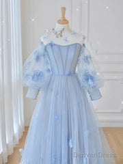 Blue Round Neck Tulle Lace Long Prom Dress, Blue Tulle Evening Dress