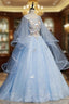Blue Round Neck Tulle Lace Long Prom Dress, Blue Sweet 16 Dresses