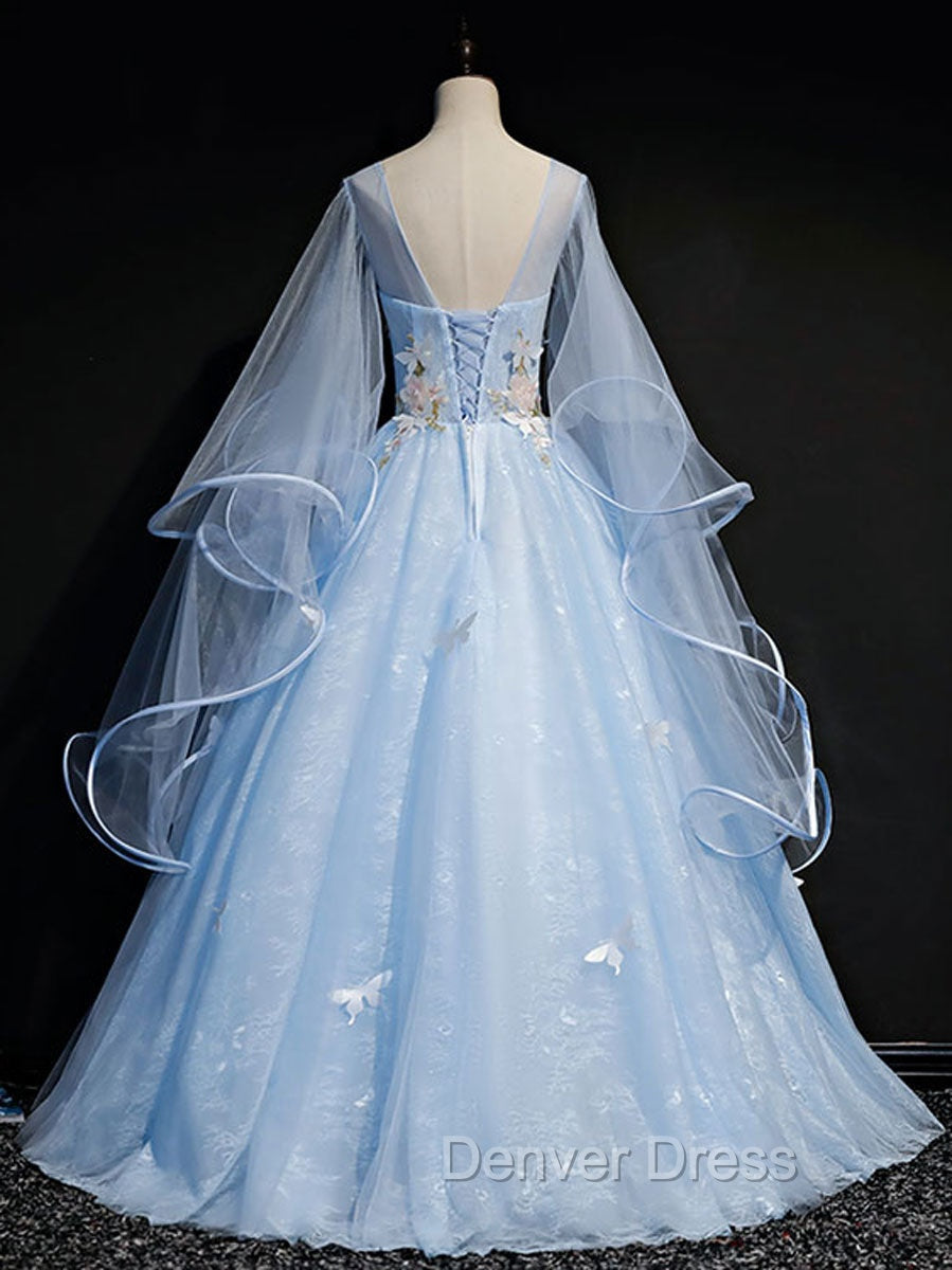 Blue Round Neck Tulle Lace Long Prom Dress, Blue Sweet 16 Dresses
