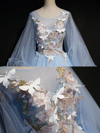 Blue Round Neck Tulle Lace Long Prom Dress, Blue Sweet 16 Dresses