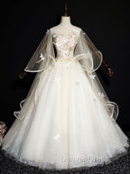Blue Round Neck Tulle Lace Long Prom Dress, Blue Sweet 16 Dresses