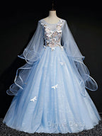 Blue Round Neck Tulle Lace Long Prom Dress, Blue Sweet 16 Dresses
