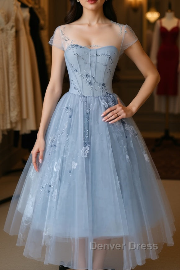 Blue round neck tulle lace short prom Dress, blue homecoming Dresses