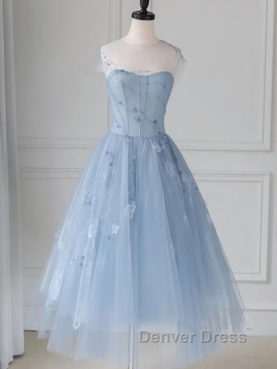 Blue round neck tulle lace short prom Dresses, blue homecoming Dresses