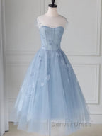 Blue round neck tulle lace short prom Dress, blue homecoming Dresses