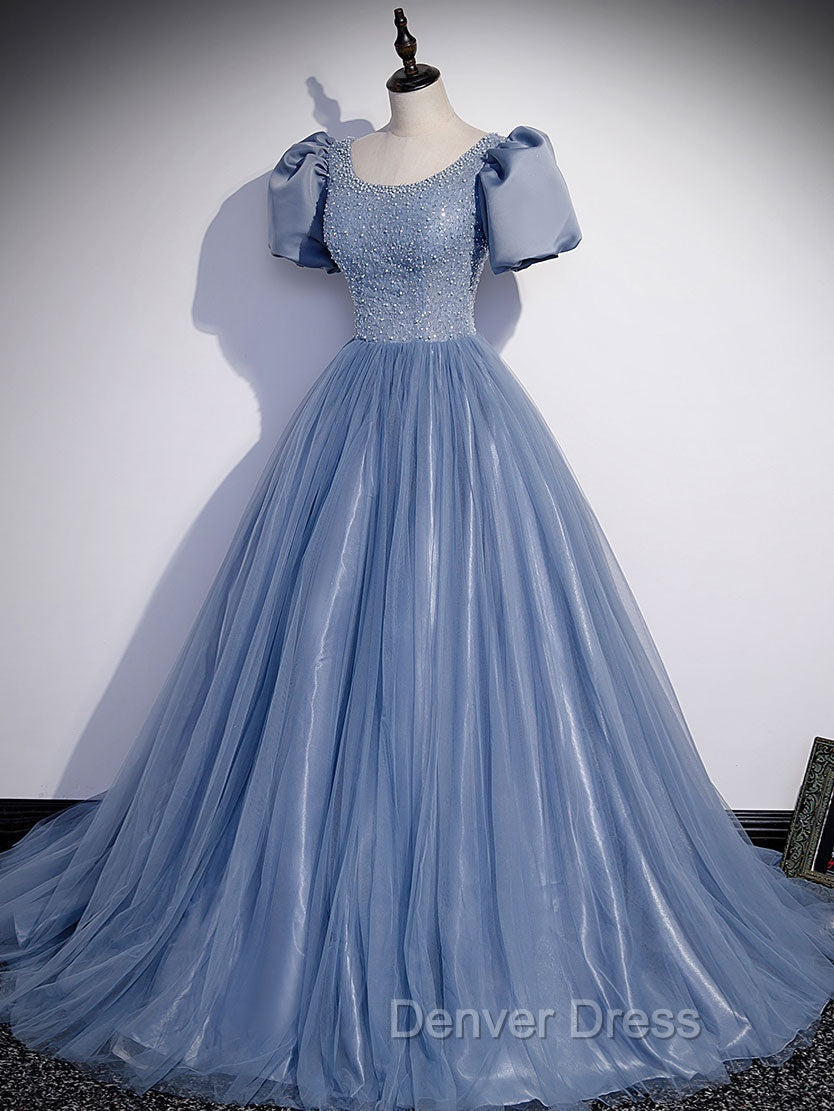Blue Round Neck Tulle Sequin Beads Long Prom Dresses, Blue Evening Dresses